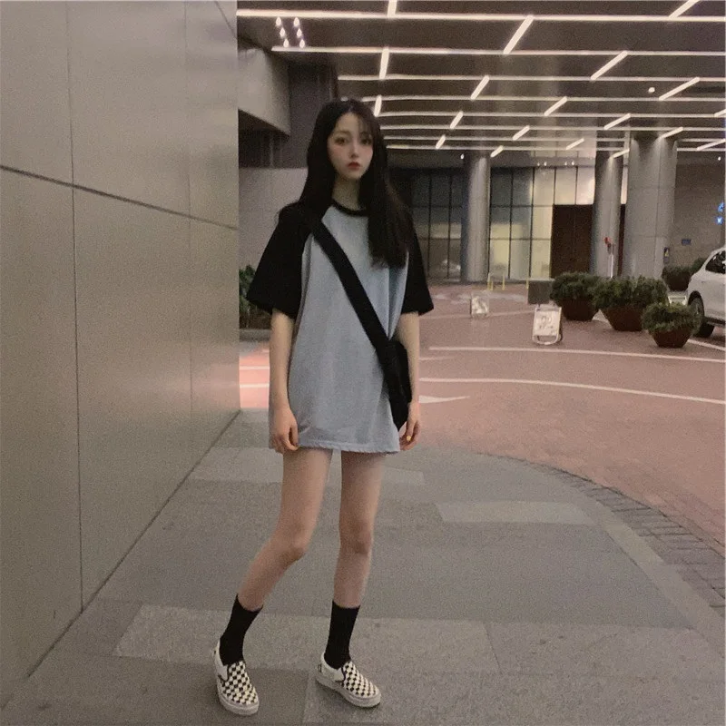 

New Summer Stitching Color Cotton T-Shirt Female Harajuku Style Korean Casual O-Neck Solid Color Short Sleeve Student Women Tops