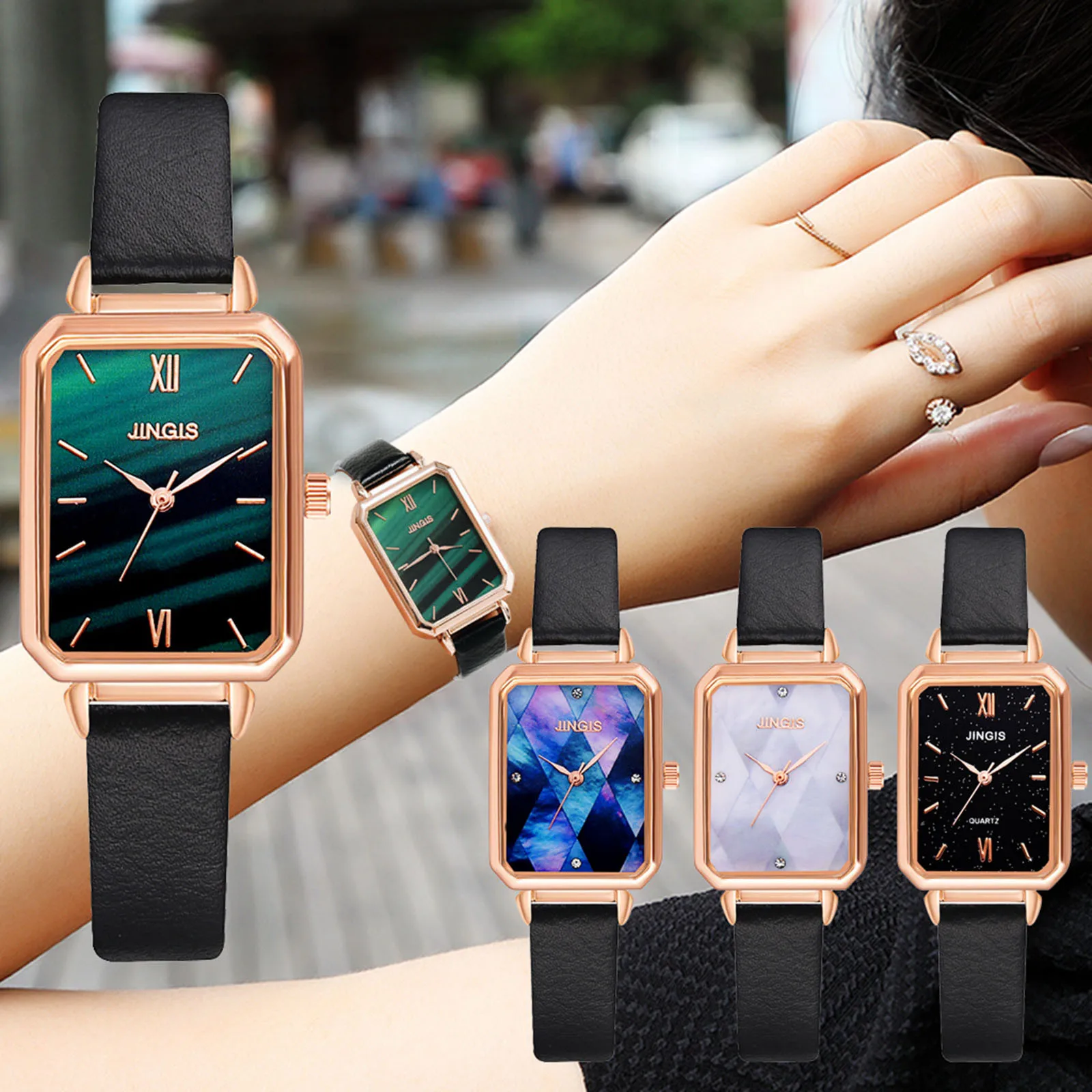 

Fashionable casual Stainless Steel Watch JINJIS Ladies Rectangular Face Casual Quartz Leather Strap Watch часы женские наручные