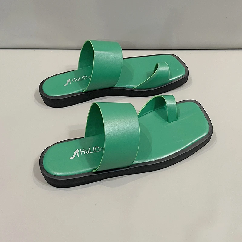 

Women Flat Slippers 2021 Summer Casual Beach Sandals Vintage Clip Toe Slides Fashion Square Toe Lady Shoes Flip Flops Green