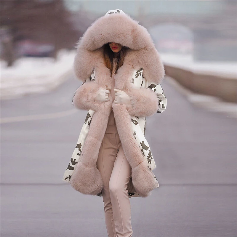 2022 New Plush Camouflage Parka Fashion Faux Fur Collar Winter cotton Jacket European Women Long sleeve Hooded Parkas Coat 2XL