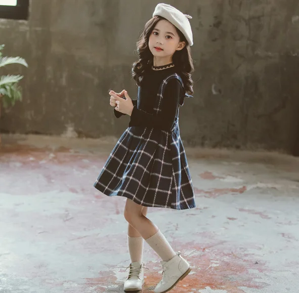 Children Clothing Girls Autumn Set Long Sleeve Shirts + Plaid Straps Dress Suits Two Piece Princess Outfits | Детская одежда и