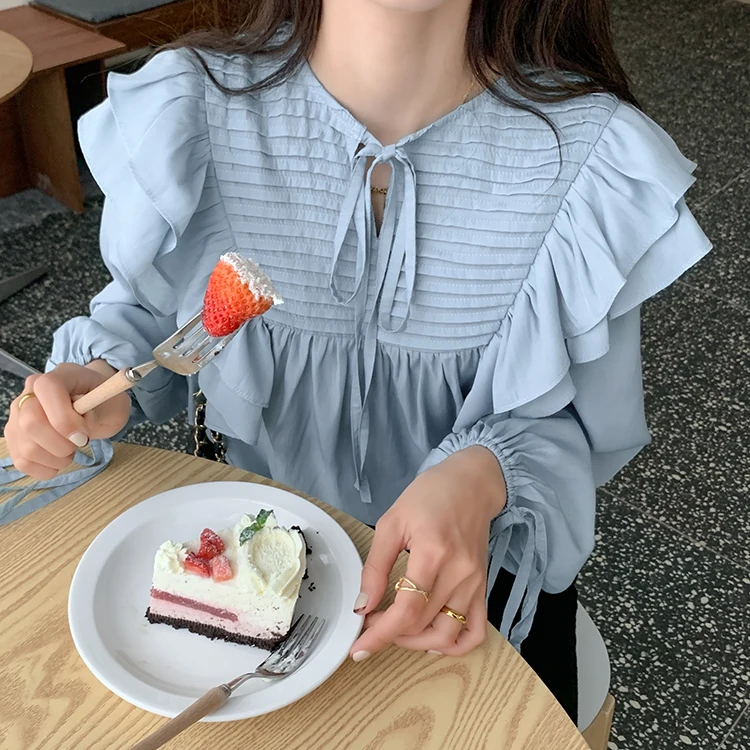 

Shirt Women's Design Sense Niche 2021 Spring New Fresh Pure Color All-Matching Loose Lotus Leaf Long Sleeve Shirt