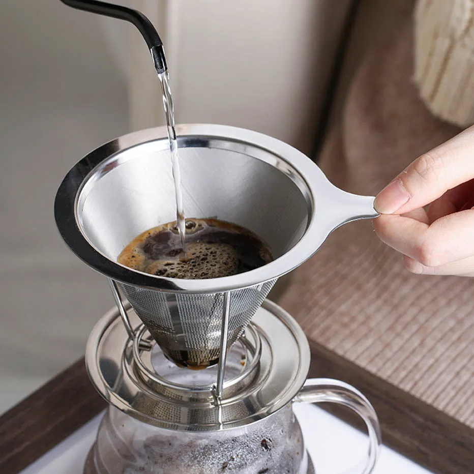 

Coffee Filter Tea Residue Funnel 304 Stainless Steel Double-layer Filter Hand-pushed Cafe Sieve Kitchen Tool