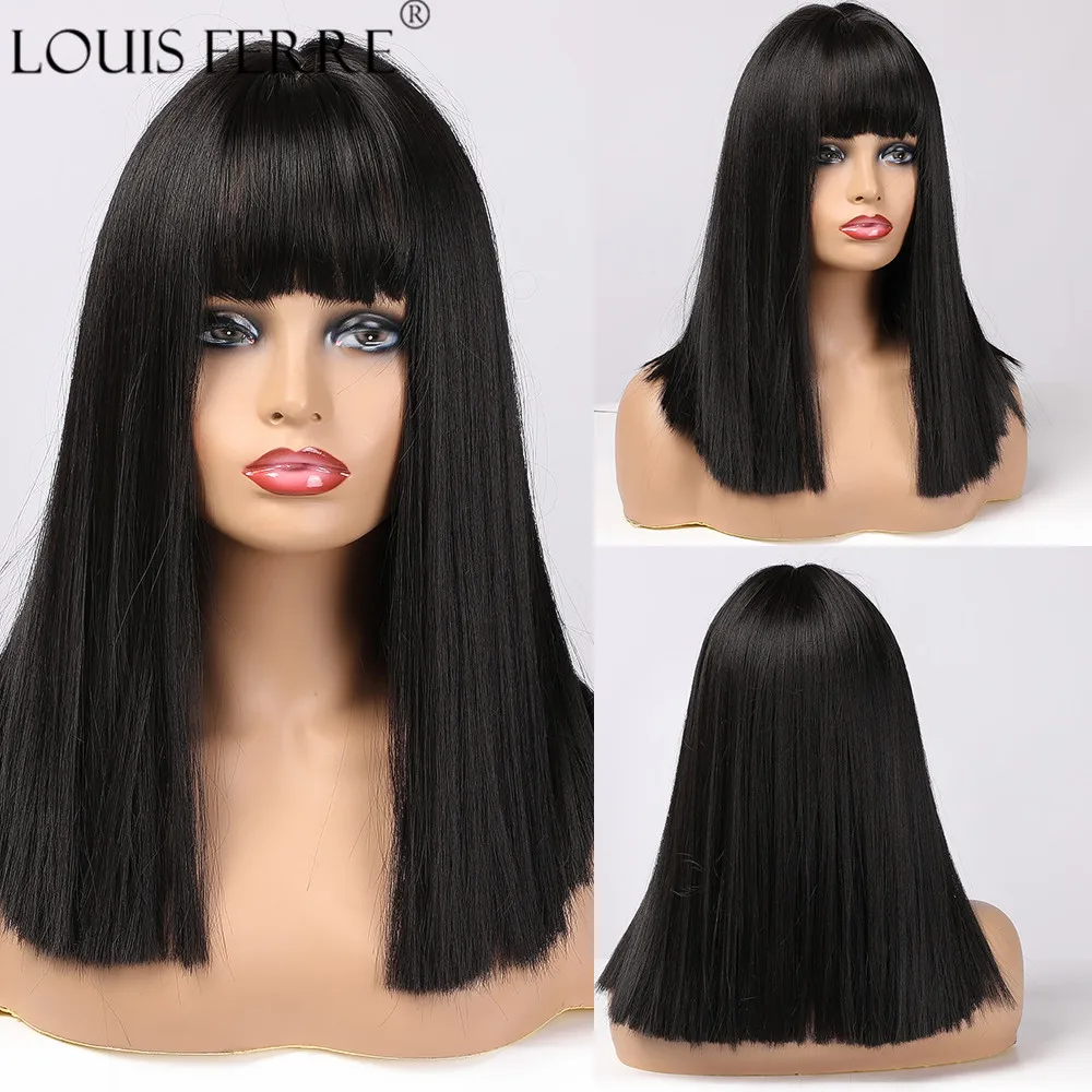 LOUIS FERRE Black Bob Hair Wigs Medium Straight Synthetic Wig with Bangs Fashion Female Cosplay Wig for Women Heat Resistant stunning medium straight synthetic honoka kousaka cosplay wig with clamp ponytail