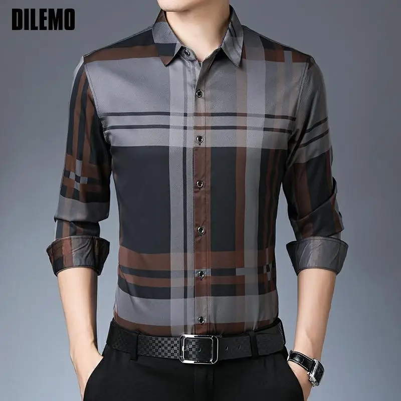 

2021 New Fashion Designer Brand Slim Fit Plaid Soft Men Shirts Spring Autumn Long Sleeve Classic Trending Casual Men Clothing