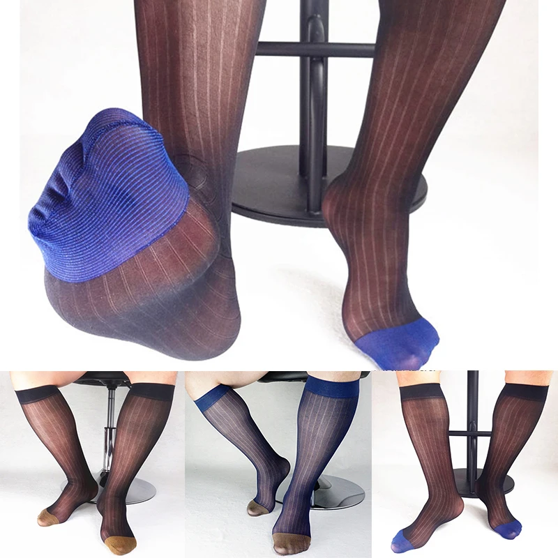 

Medium High Tube men's socks Wide Stripe splice Vertical Gold breathe comfy Business socks Blue Toe translucent man Socks 2021