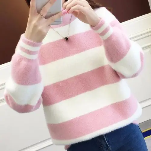 

Autumn and winter mink like half high collar Plush thickened warm pullover female student loose striped top