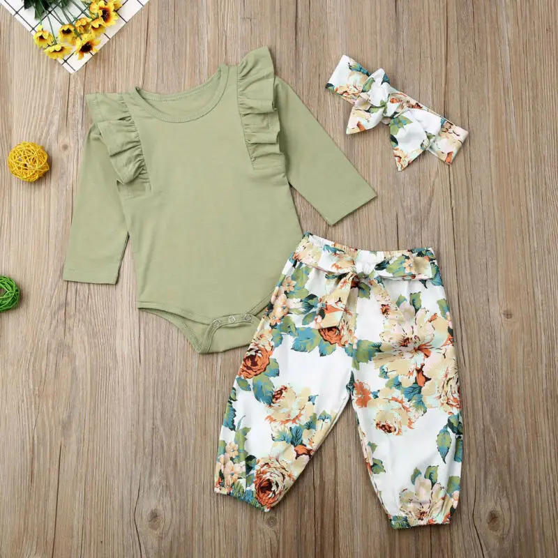 

2020 Newborn Kid Baby Girl Outfits Ruffle Romper Floral Pants Headband Clothes Set Children Clothes