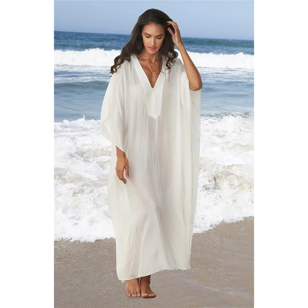 Белый кафтан Пляжное Платье свободная хлопковая туника пляжная одежда накидки