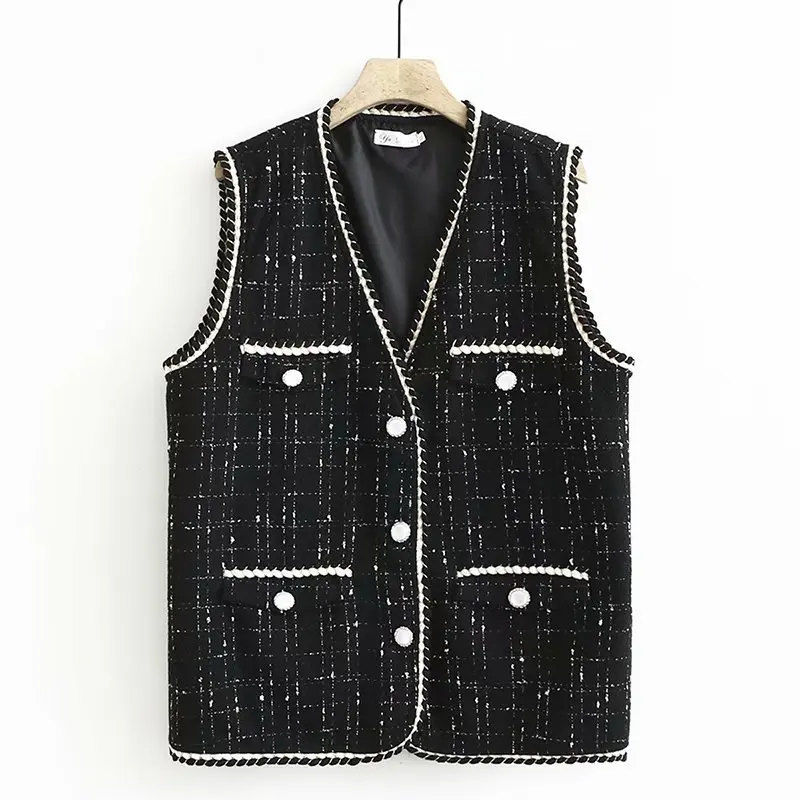 

2022 Autumn Winter Vintage Black Women Vest Chic Single Breasted Sleeveless Female Jacket Outwear Waistcoat Tops Y165