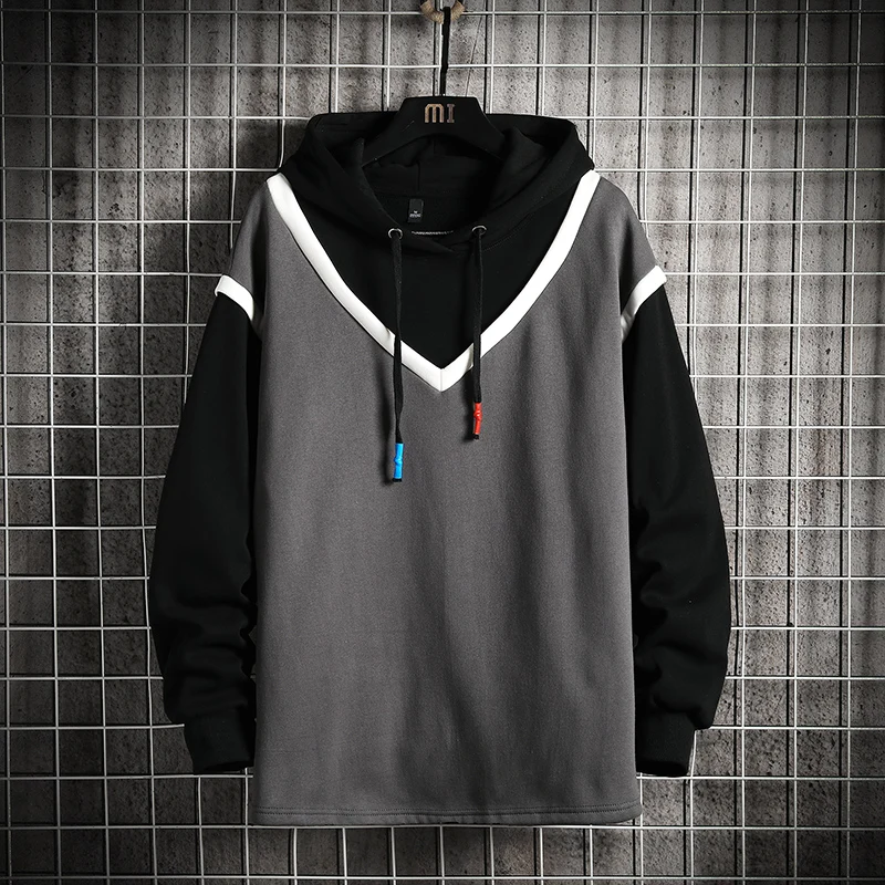 

Men's Hoodies Plain Solid Color Patchwork Sweatshirt Male Hip Hop Harajuku Japanese Streetwear Black Loose Hoodie MenSweatshirts