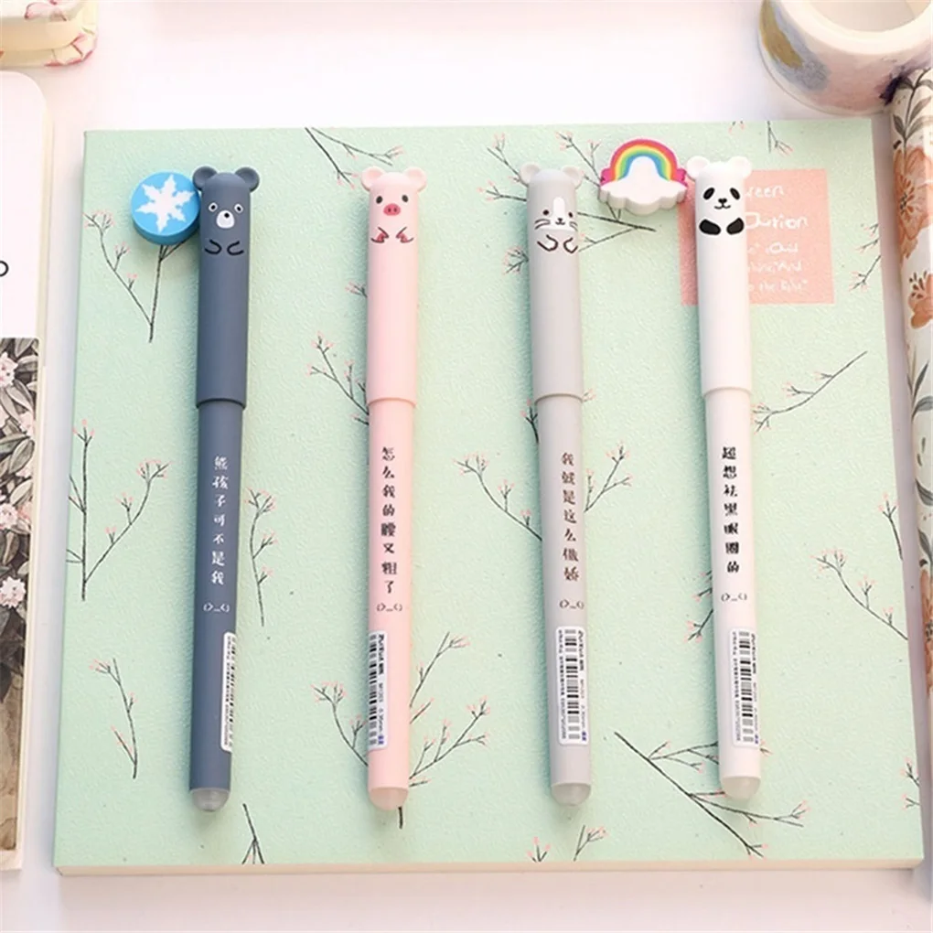 

4 Pcs/set Kawaii Pig Bear Cat Mouse Erasable Gel Pen School Office Supplies Stationery Gift 0.35mm Black Ink