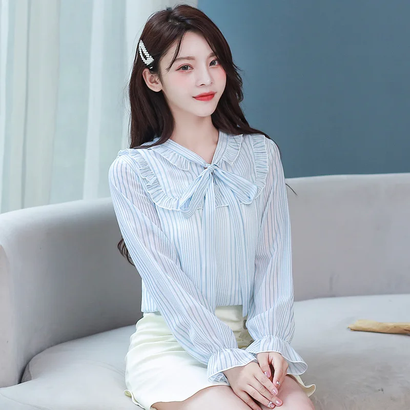

2020 Chiffon Shirt Female Western Style Long Sleeve Autumn New Style Striped Shirt Very Wonderland Cardiac Tops Sense of Design