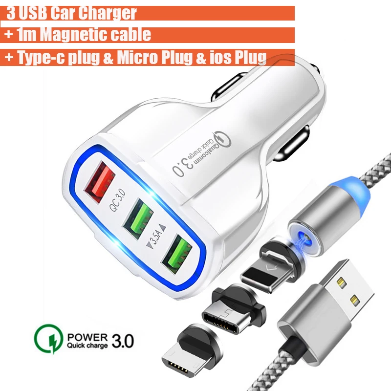 with Magnetic cable QC 3,0 3 USB Автомобильное зарядное устройство Quick Charge 3,0 3 порта быстрое зарядное устройство для автомобильного телефона зарядный адаптер с USB магнитным кабелем для iphone - Тип штекера: with Magnetic cable