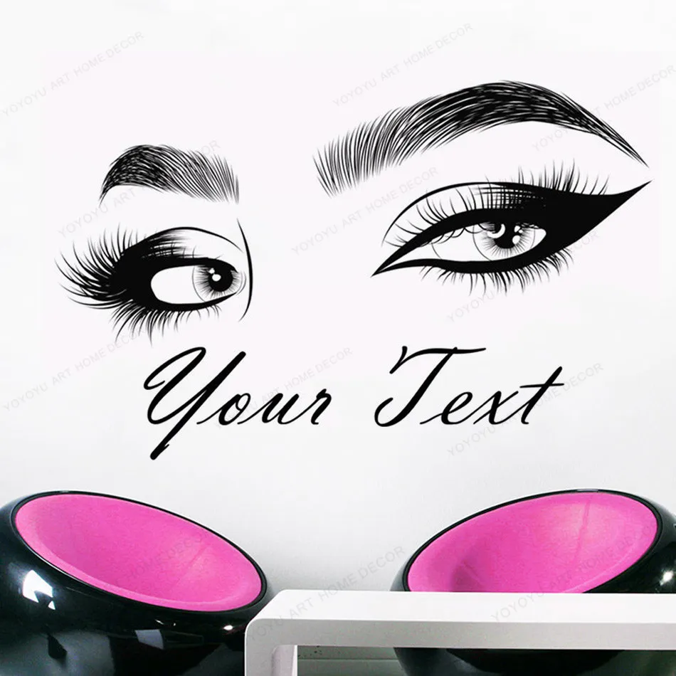 

Eyelashes Wall Decal Beautiful Girl Beauty Salon Custom text wall sticker vinyl Eyebrows Make Up removable art mural HJ1065