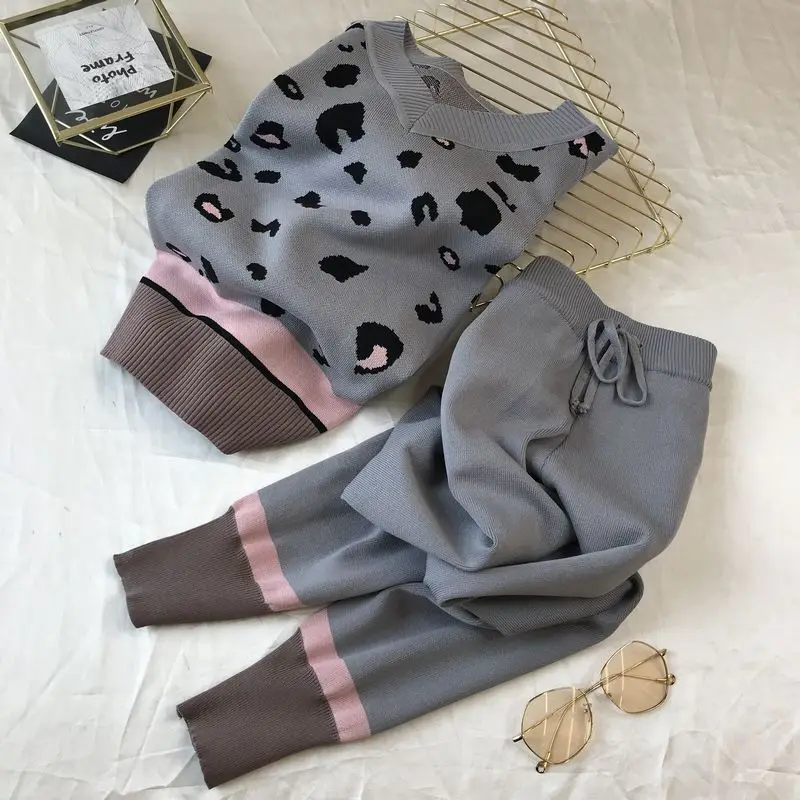 

Women's Leopard Printed Long Sleeve V-Neck Pullover and Carrot Jogging Pants Suit, Knitted Outwear, 2 Pcs Sets