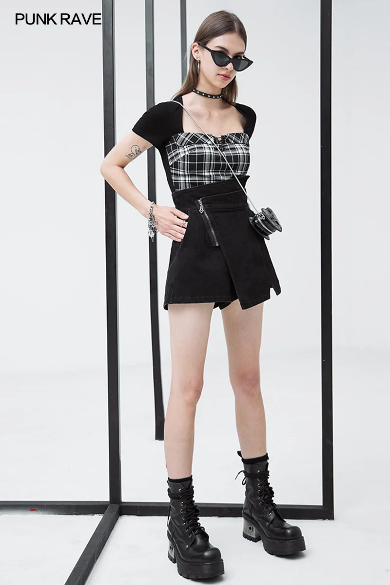 

Style A-line Asymmetic Slim Short Jeans High PUNK RAVE Women's Punk Waist Casual Wear Handsome Girl Black Shorts