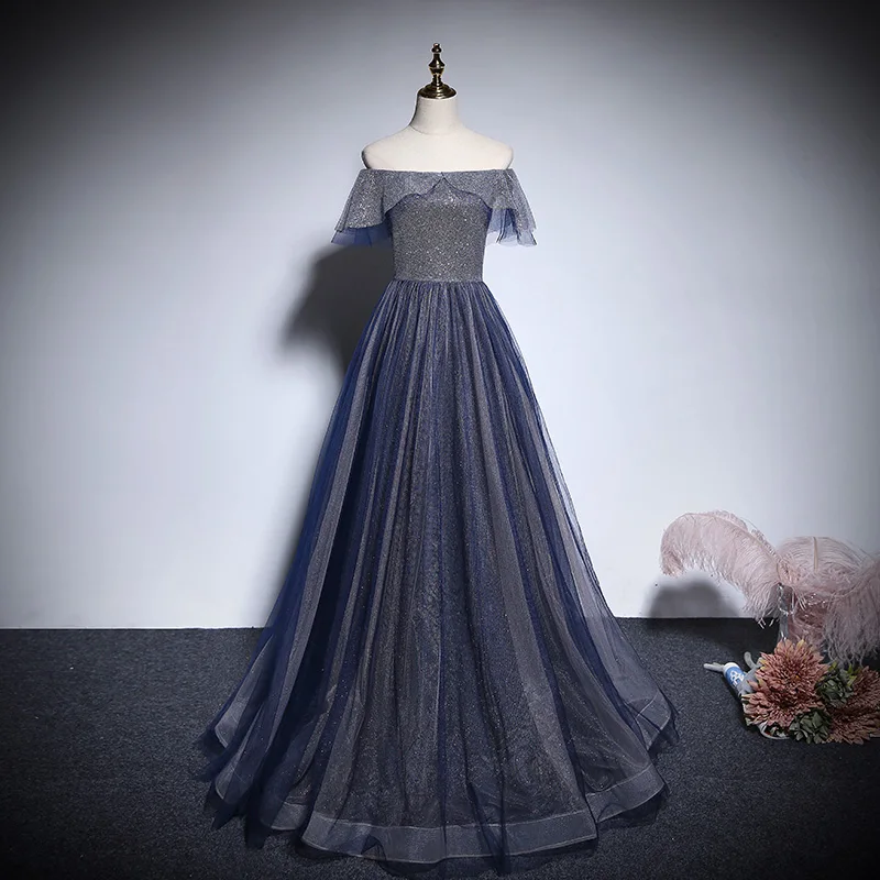 

Boat Neck Evening Dress Simple Floor-Length Ruffles Sequins Tulle A-Line Off The Shoulder Elegant Party Formal Gown Woman B452