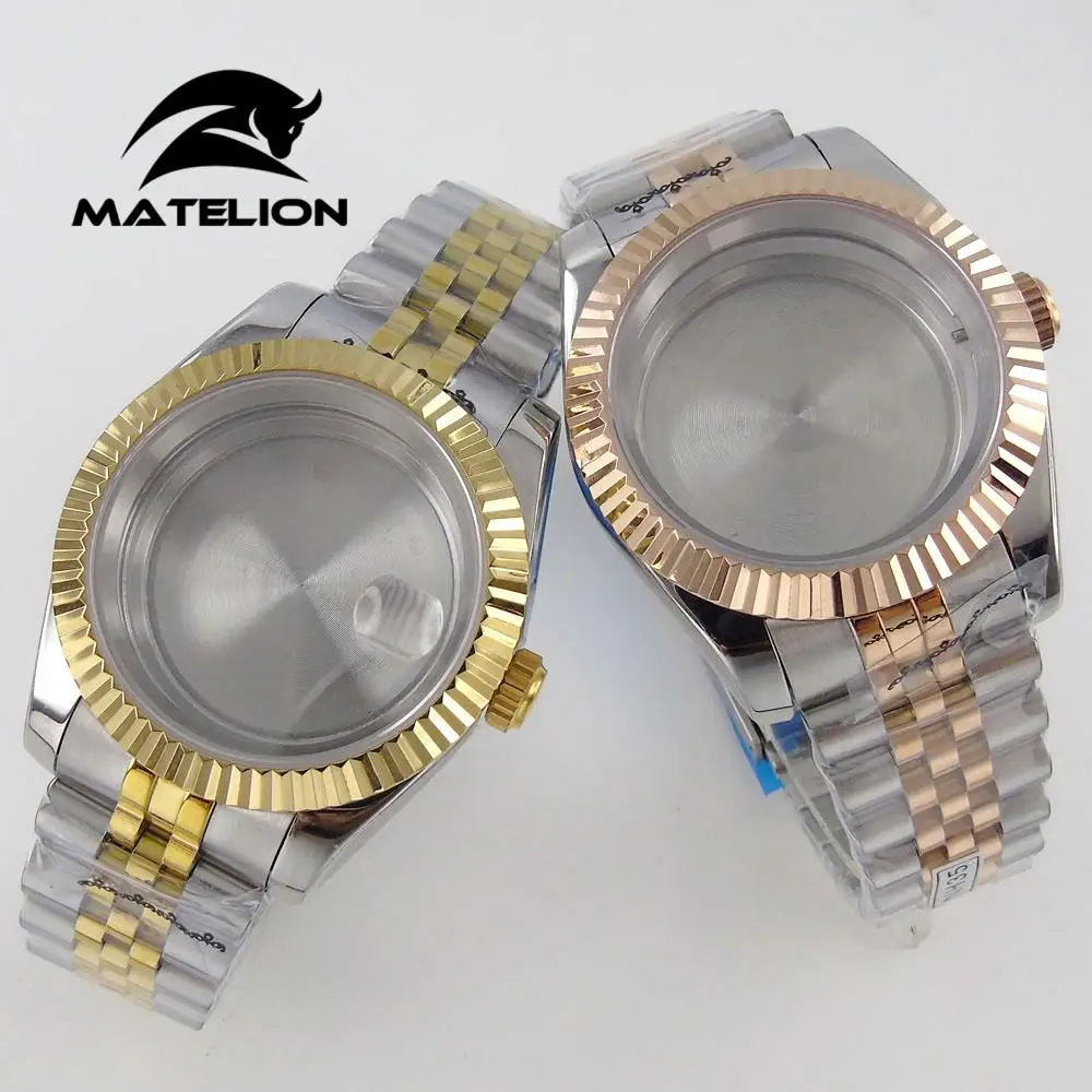 36mm Gold Plated Watch Case Fit For NH35 NH36 Miyota 8215 DG 2813 Coin Bezel Jubilee Bracelet Sapphire Glass Steel/Glass Back