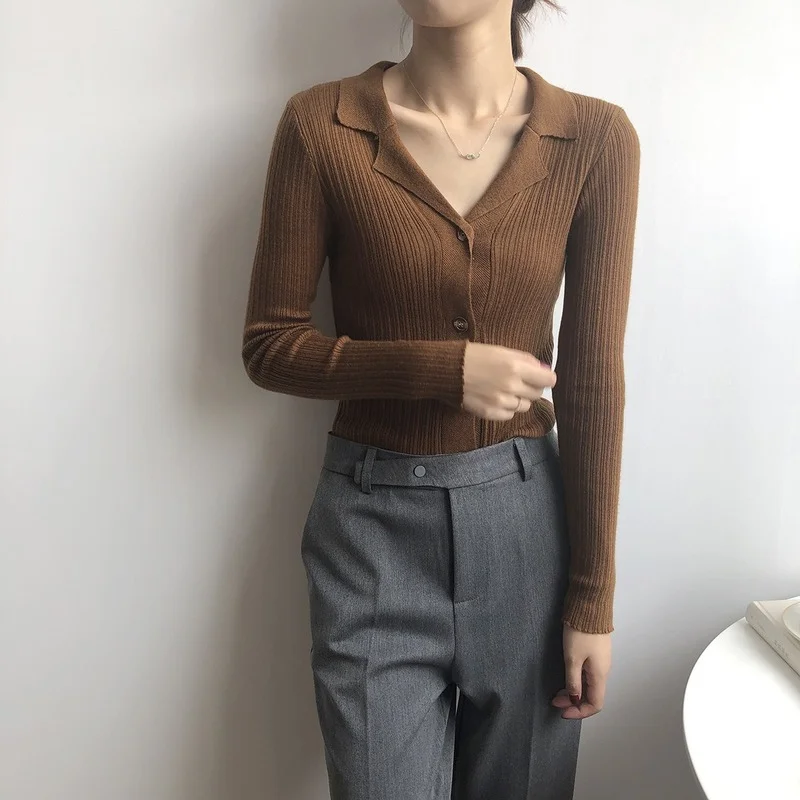 

Spring/Autumn New Women's Cardigan Suit Collar Long-sleeved Bottoming Shirt Slimming Knit Sweater Cardigan Women High Quality