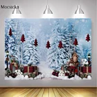 Фон для фотосъемки новорожденных детей с изображением зимнего снежного леса рождественских подарков плюшевых игрушек