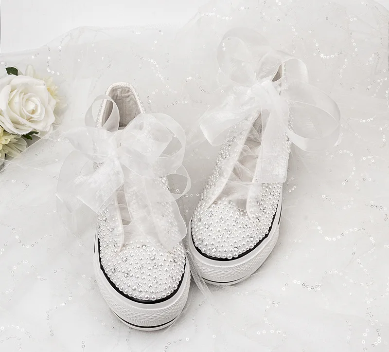 

Canvas shoes custom special occasions banquet personality thick-soled running shoes Ribbon fairy girl unique original sneakers
