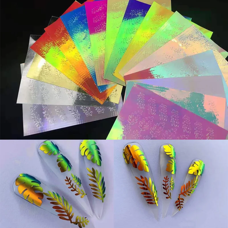 

16 Sheet/lot Holographic 3D Nail Sticker Leaf Holo DIY Laser Adhesive Decal Sticker Manicure Nail Art Decal