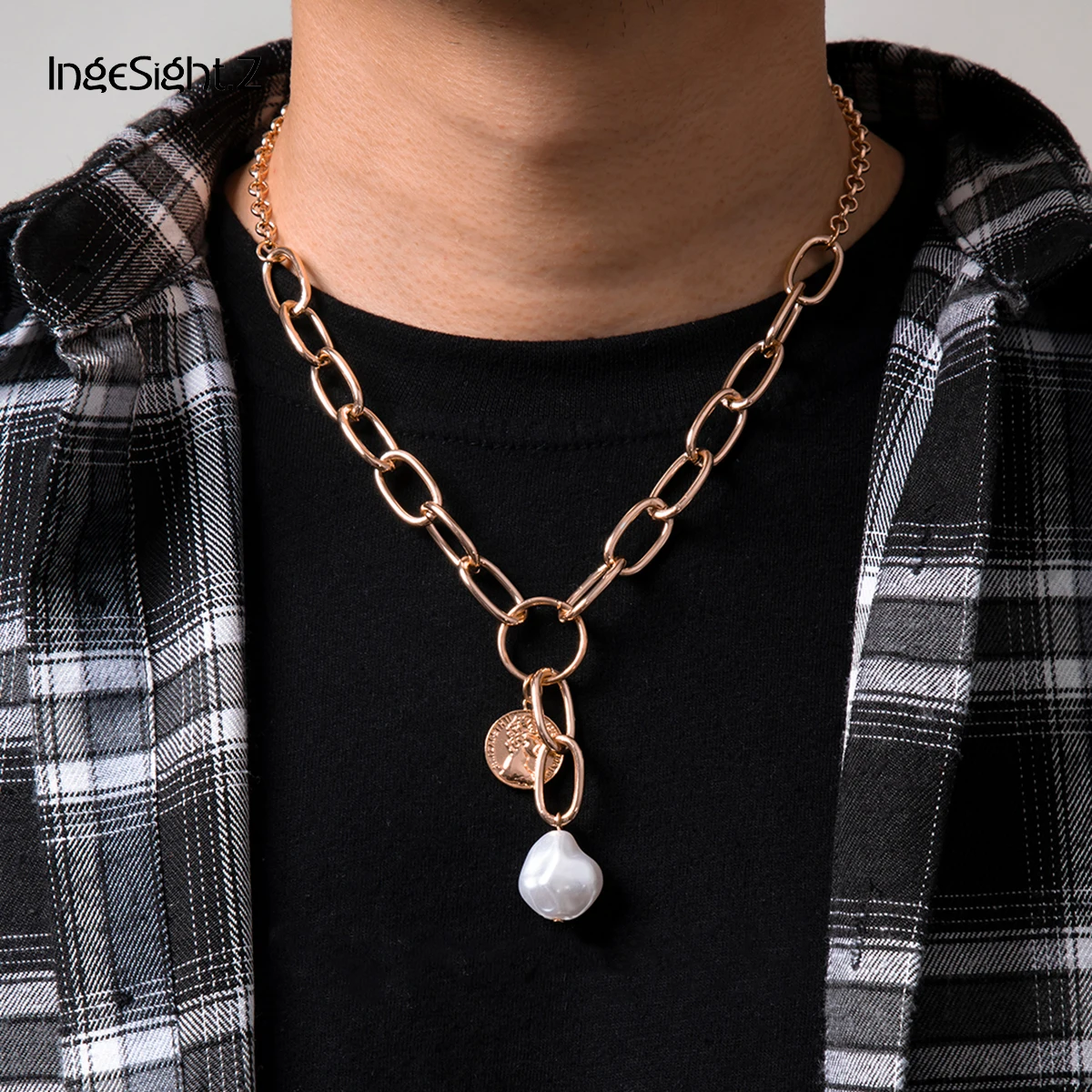 

IngeSight.Z Punk Baroque Imitation Pearl Chunky Thick Choker Necklace Carved Coin Pendant Necklaces for Women 2021 New Jewelry