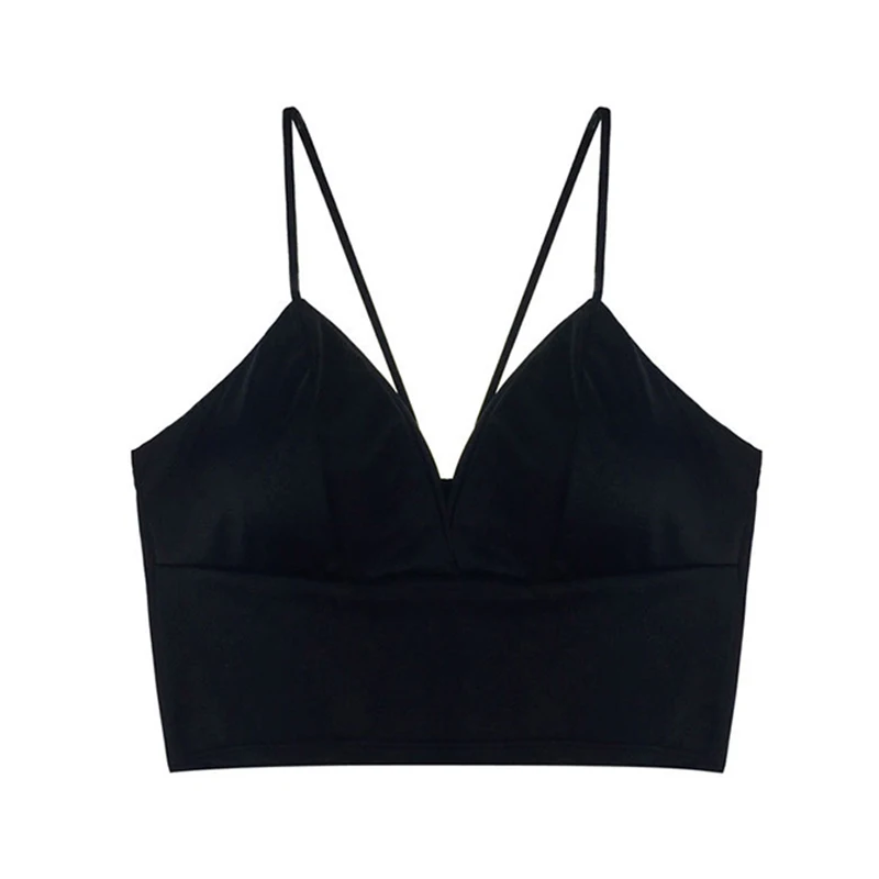 

Sexy Satin Crop Tops Women Wireless Bralette Crochet Top Female Spaghetti Strap T-shirt Cropped With Chest Padded Camisole cami