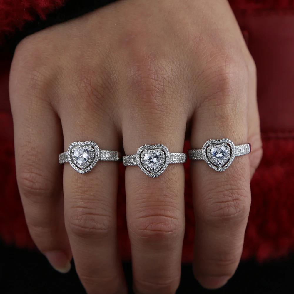 Высокое качество 925 серебро искрение bling фианит Сердце cz обручальное кольцо для