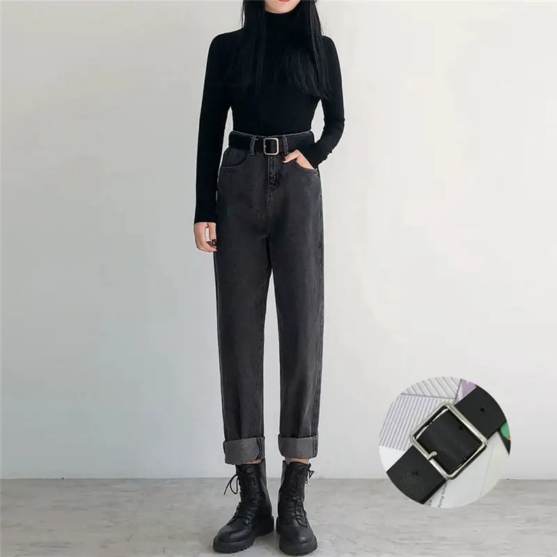 

Women's Spring Autumn Jeans Women's High Waist Button With Sashes Solid Color Loose Straight Pants KK0248
