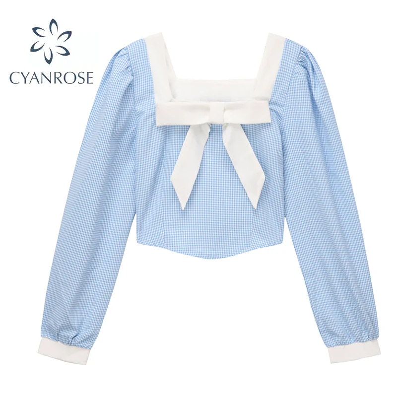 

2021 Autumn Korean Woman Square Neck Loog Sleeve Bow Solid Blouses Casual Vintage Plaid Sweet kawaii Shirt Female Fashion New