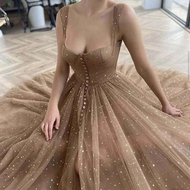 

Sparkly with Glitters Prom Dresses Sleeveless Khaki Vintage Long Formal Party Gown Dress Women Elegant Vestido De Fiesta