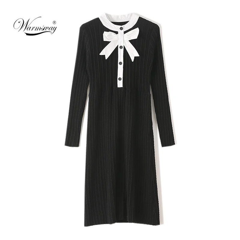 Женское трикотажное платье с бантом А-силуэта в полоску длинным рукавом