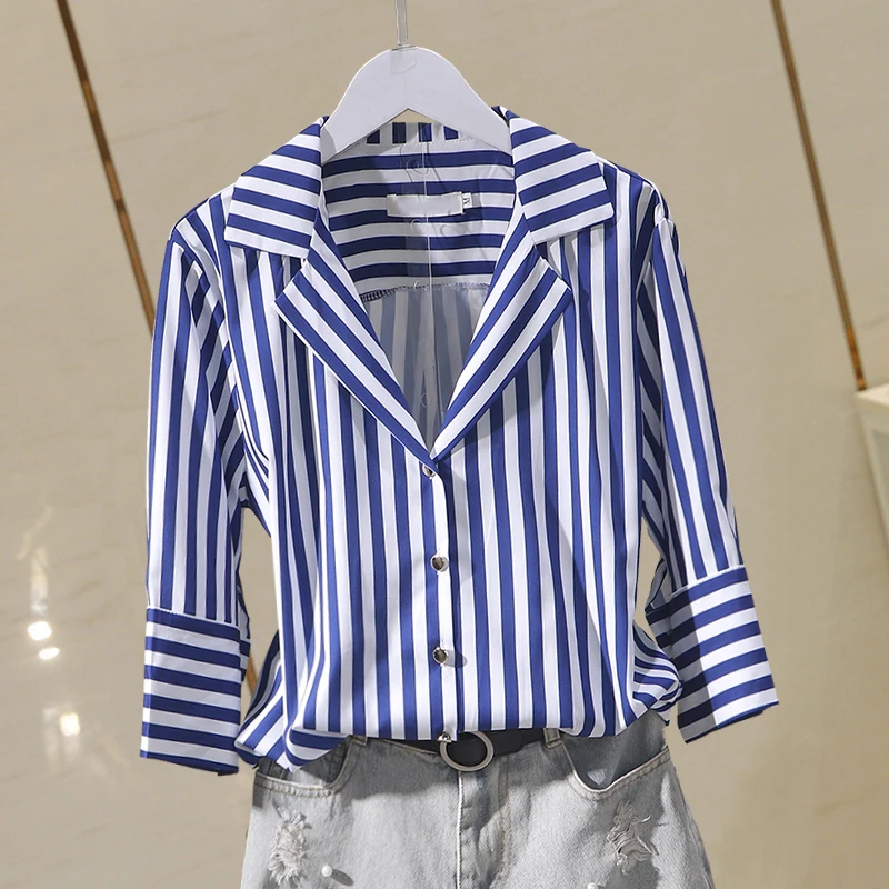 

Blue Striped Women Shirts Summer New 2021 Turn-Down Collar Half Sleeved Straight Loose Chiffon Elegant Office Lady Outwear Tops