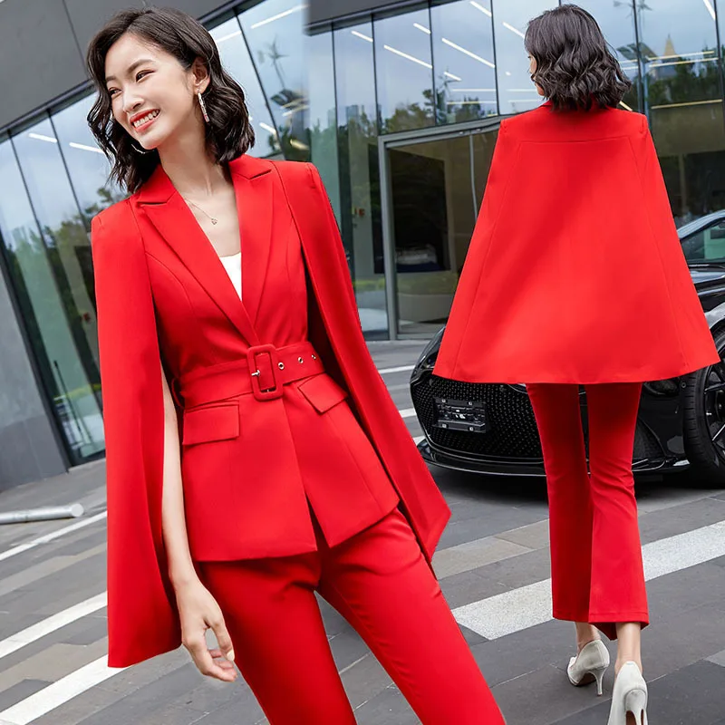 IZICFLY New Spring Summer Red Women Cloak Cape Outfits Set Elegant Slim Business Office Long Blazers And Pants Suit Work Wear