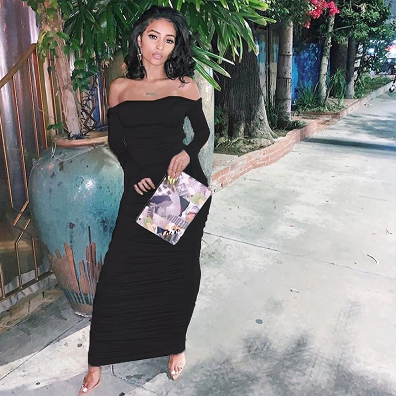 COSYGAL 2019 новое осеннее платье макси с открытыми плечами и Длинным Рукавом