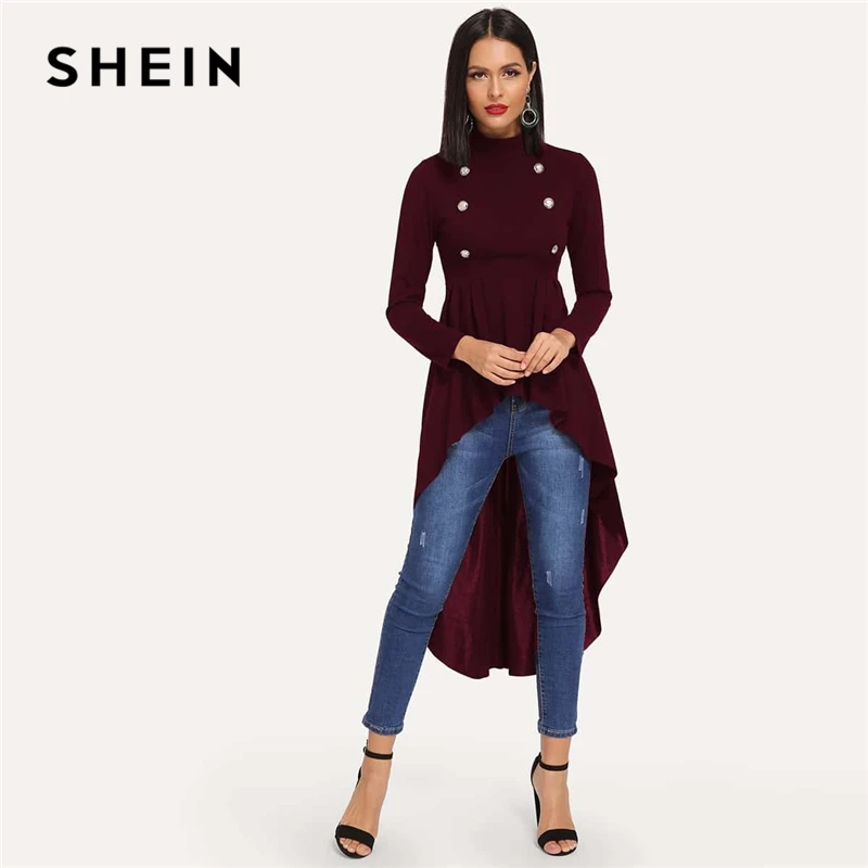 SHEIN Стильный Топ С Асимметричным Низом Черная Модная Блузка Со Стоячим Воротником И Длинными Рукавами