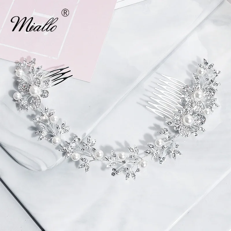 

Miallo 2019 Fashion Newest Flowers Pearls Crystal Wedding Hair Comb Bridal Hair Jewelry Headpieces Bride Tiaras for Women