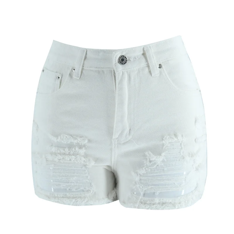 

Denim shorts women summer raw side white ripped Oxford hot pants