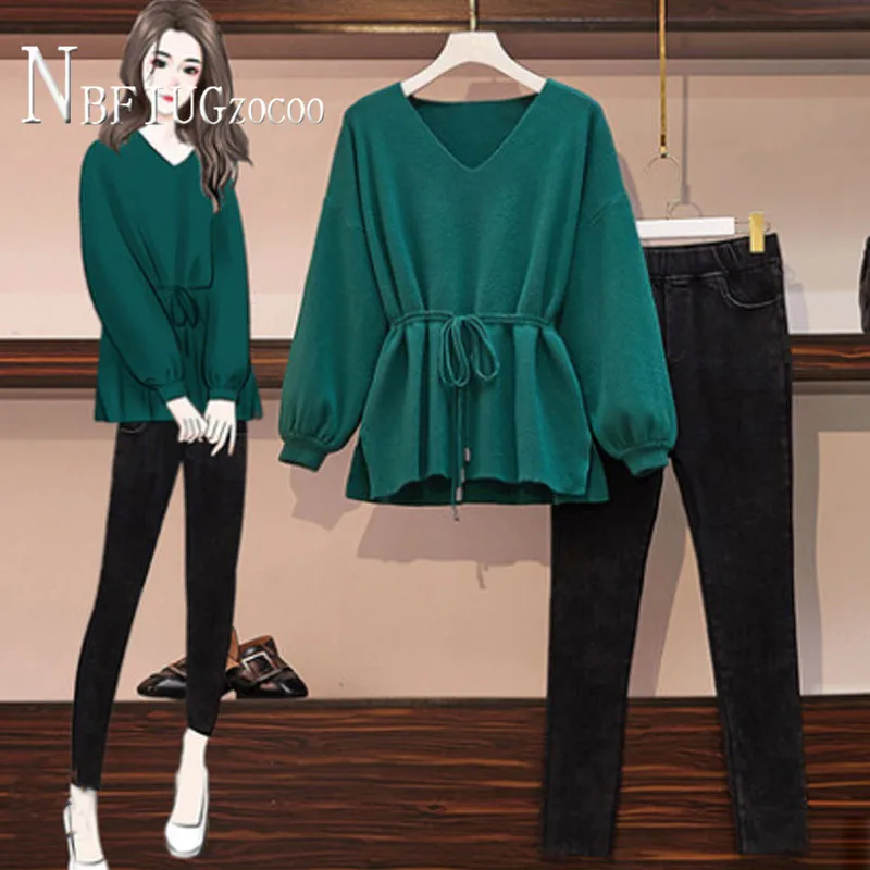 

2020 Autumn New Plus Size Women Sets Loose Sweater And Black Jeans Female Sets
