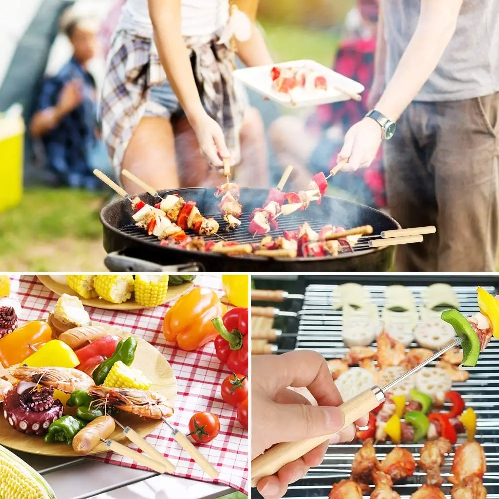 Kebab Skewers 20 Pcs Stainless Steel BBQ Reusable Flat Round Barbecue Grilling Wooden Handle Quick Meat String | Дом и сад