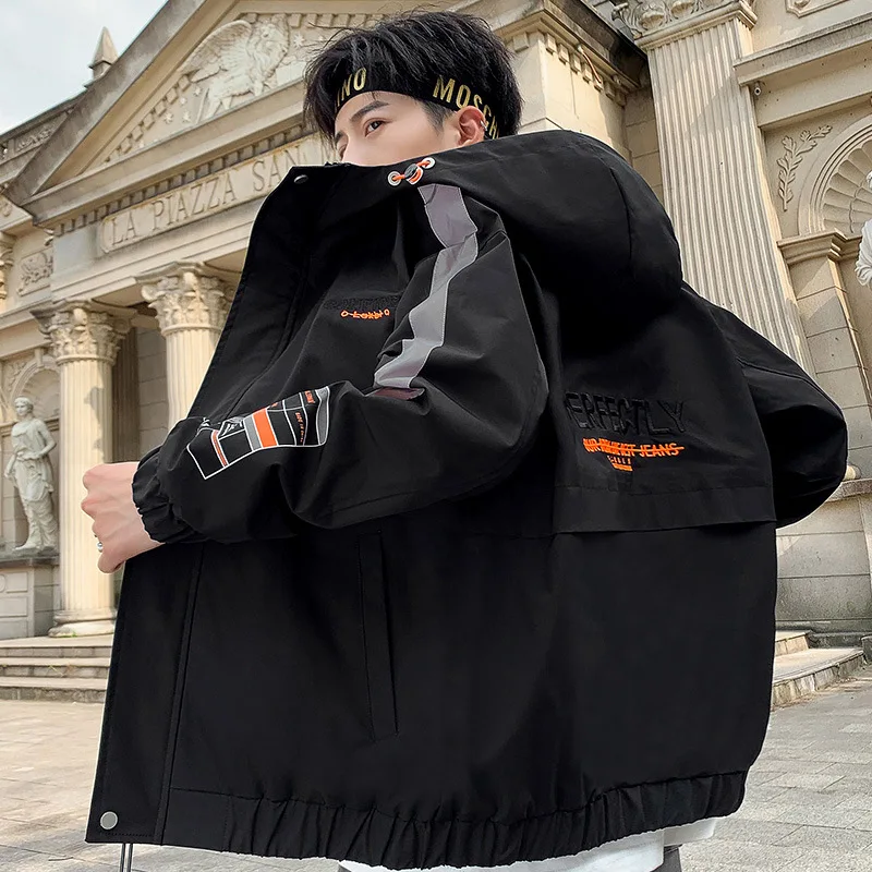 Мужская Осенняя Рабочая куртка со стоячим воротником и капюшоном Уличная Черная