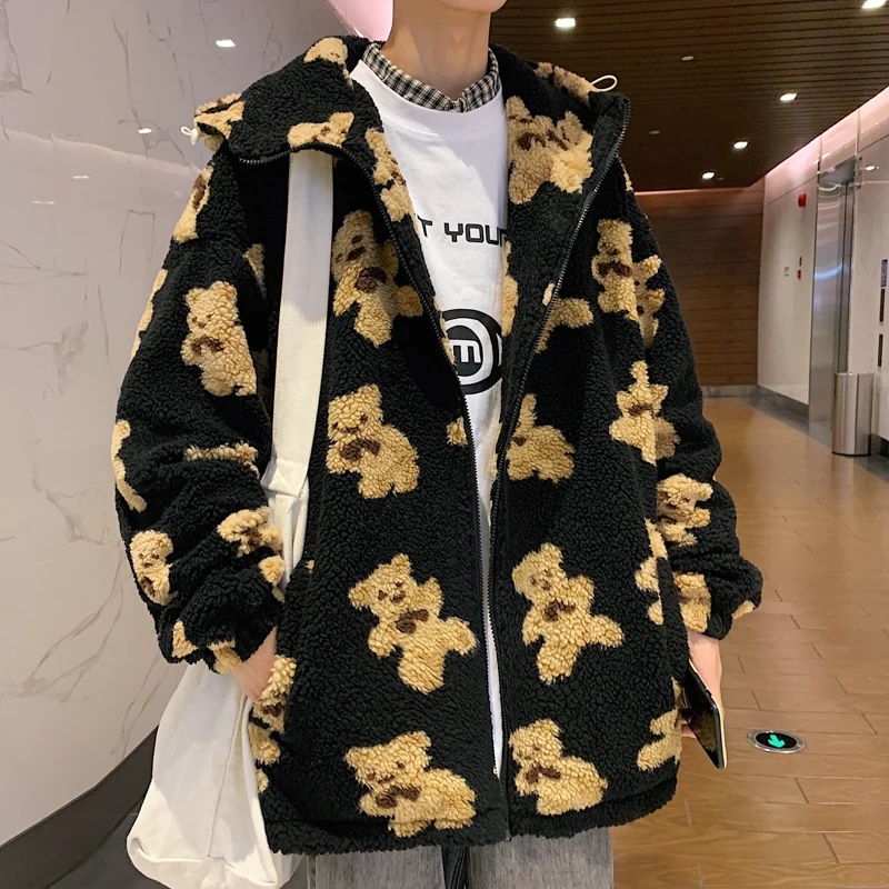 Bear Cotton-Padded Coat Men's Winter Thickened All-Matching Lamb Wool Coat Korean Fashion Couple Hooded Plush Cotton-Padded