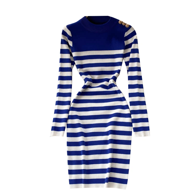 

Women Retro Stripe Knitted Dress Stand Collar Long Sleeve Elastic Slim Pencil Dress Autumn Korean Short Sweater Dress