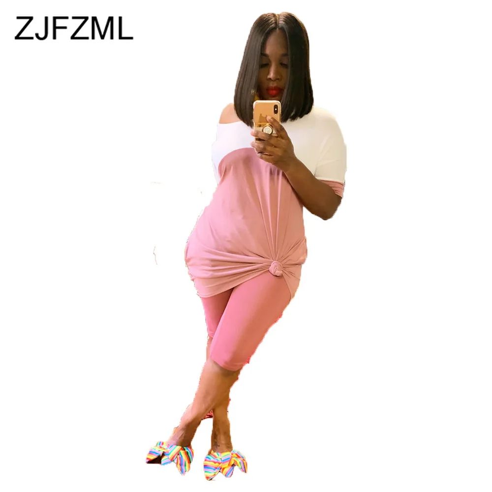 

Contrast Color Patchwork Two Piece Sweatsuits Women' Clothing Half Sleeve Loose Long Tshirts and Knee Length Pant Workout Outfit