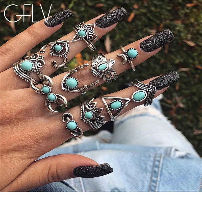 GFLV 11 шт./компл. винтажные кольца из состаренного серебра Набор Орел Олень Луна