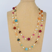 56 cultured white pearl multi color agate crystal long necklace
