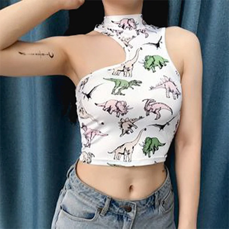 

Women New Fashion 2021 Sexy Crop Top Printed Shoulder Slim Fit Cotton Sleeveless Tie Dyed T-shirt