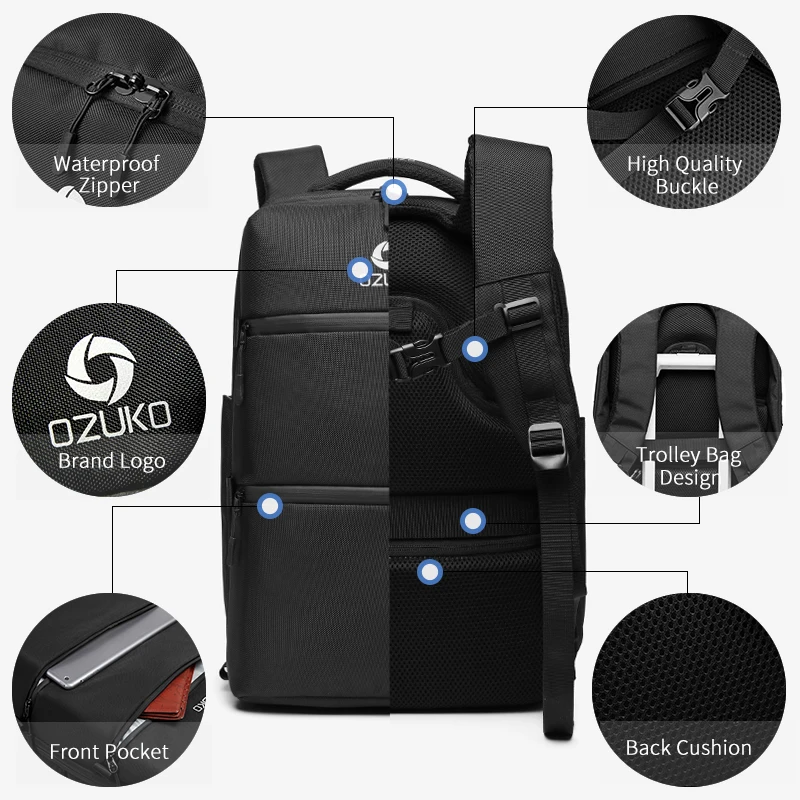 OZUKO 15 6 дюймовый рюкзак для ноутбука анти вор подростка мужской с USB зарядкой